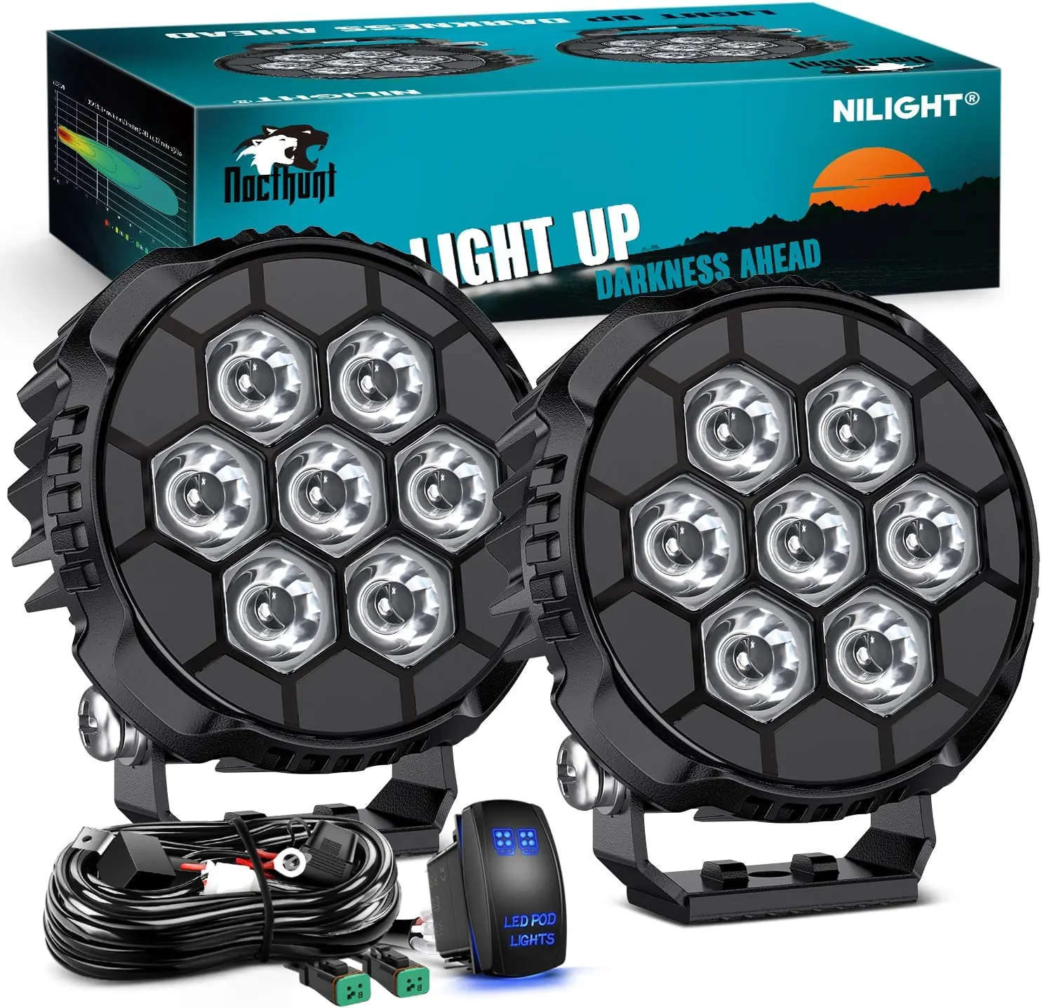 Nilight LED Pod Light 2PCS 4.1 Inch 35 W Round Driving Lights 7 LED Hyper Spot Beam Offroad Light Work Light w/16 AWG Rocker Switch Wiring Harness Kit for Truck Motorbike Boat ATV UTV  dealsforyoudays, Led Lights Car, High Power Output