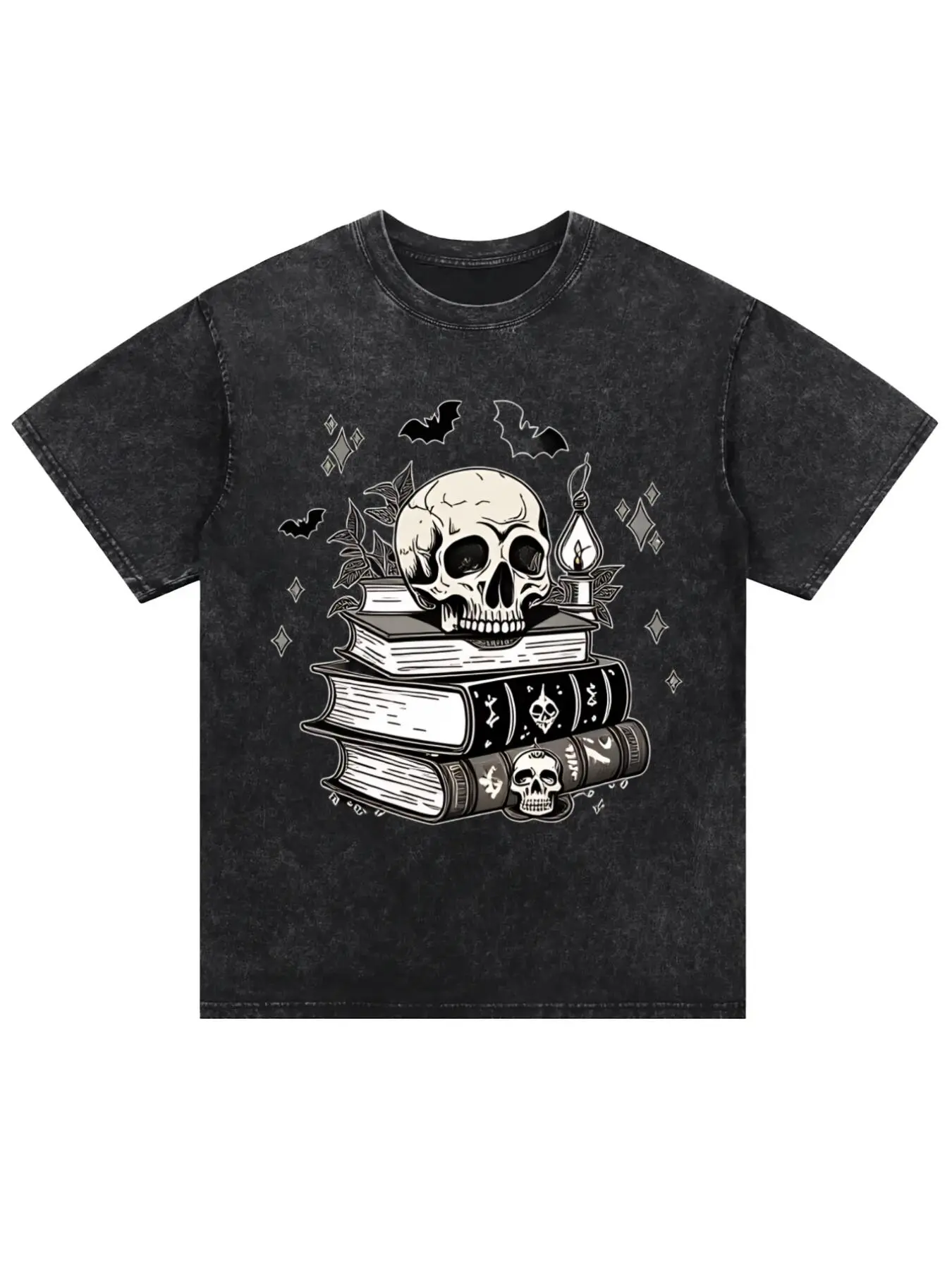 Men's Cotton Short-Sleeve Round Neck Printed Skull & Books Graphic T-Shirt - Dark Academia Gothic Vintage Casual Streetwear for Readers, Everyday Wear, Shortsleeve, Simple
