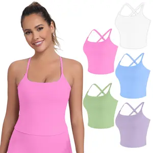 2026 New Adjustable Straps Built-in Bra Tank Top - Criss Cross VS Spaghetti Thin Straps & Scoop Neck, Slim Cute Buttery Soft Thicker Fabric Longline Sports Bra with Built-in One-Piece Bra Pads Yoga Wear Fitness Yoga Gym Activewear