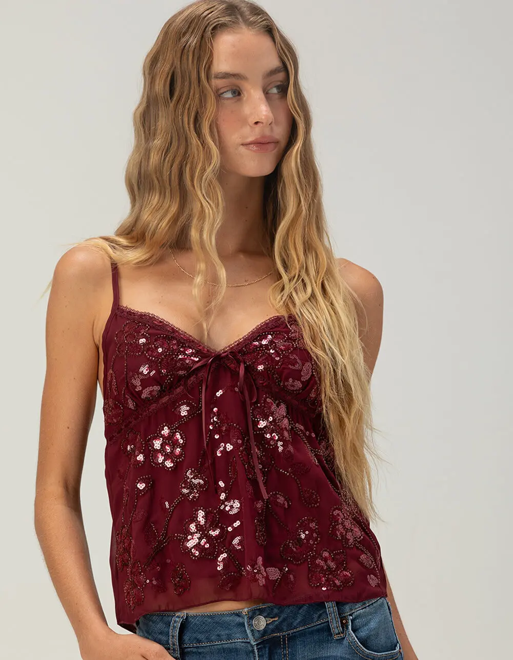 MADDEN GIRL Embellished Womens Babydoll Top