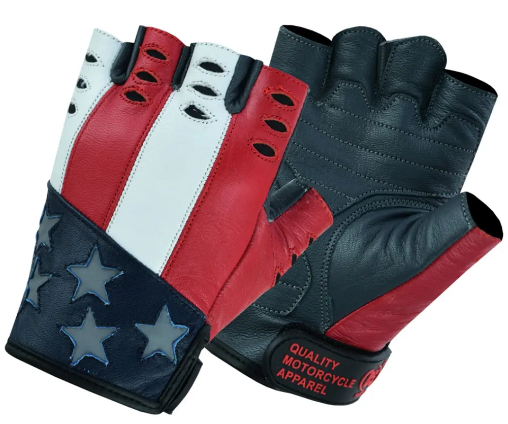DANIEL SMART Freedom Men's Goat Leather Fingerless Biker Moto Gloves - Secure Fit, Comfortable Off Road Motorcycle Protective Gear with US Flag Design