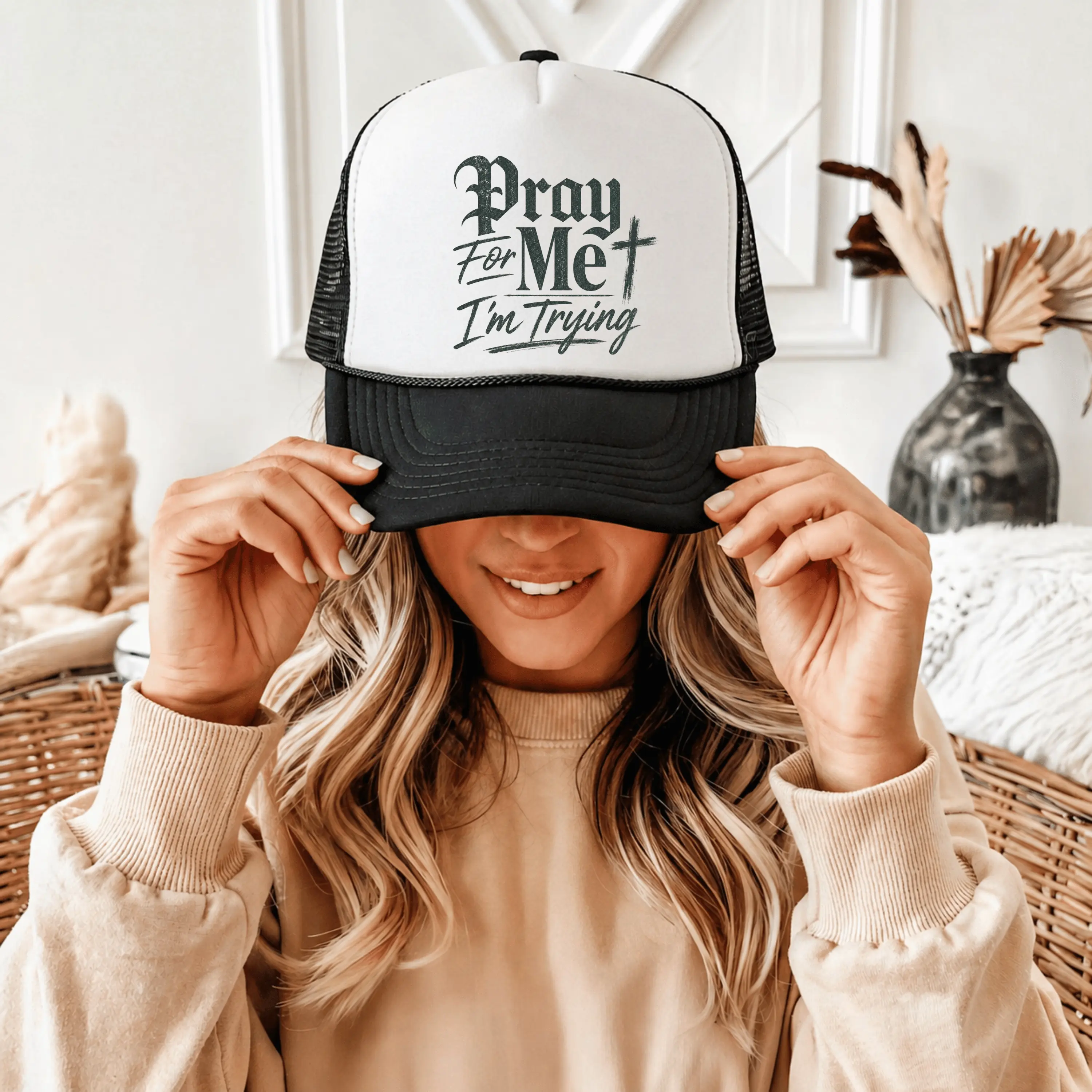 Pray for Me I'm Trying Trucker Cap | Inspirational Script Foam Mesh Back