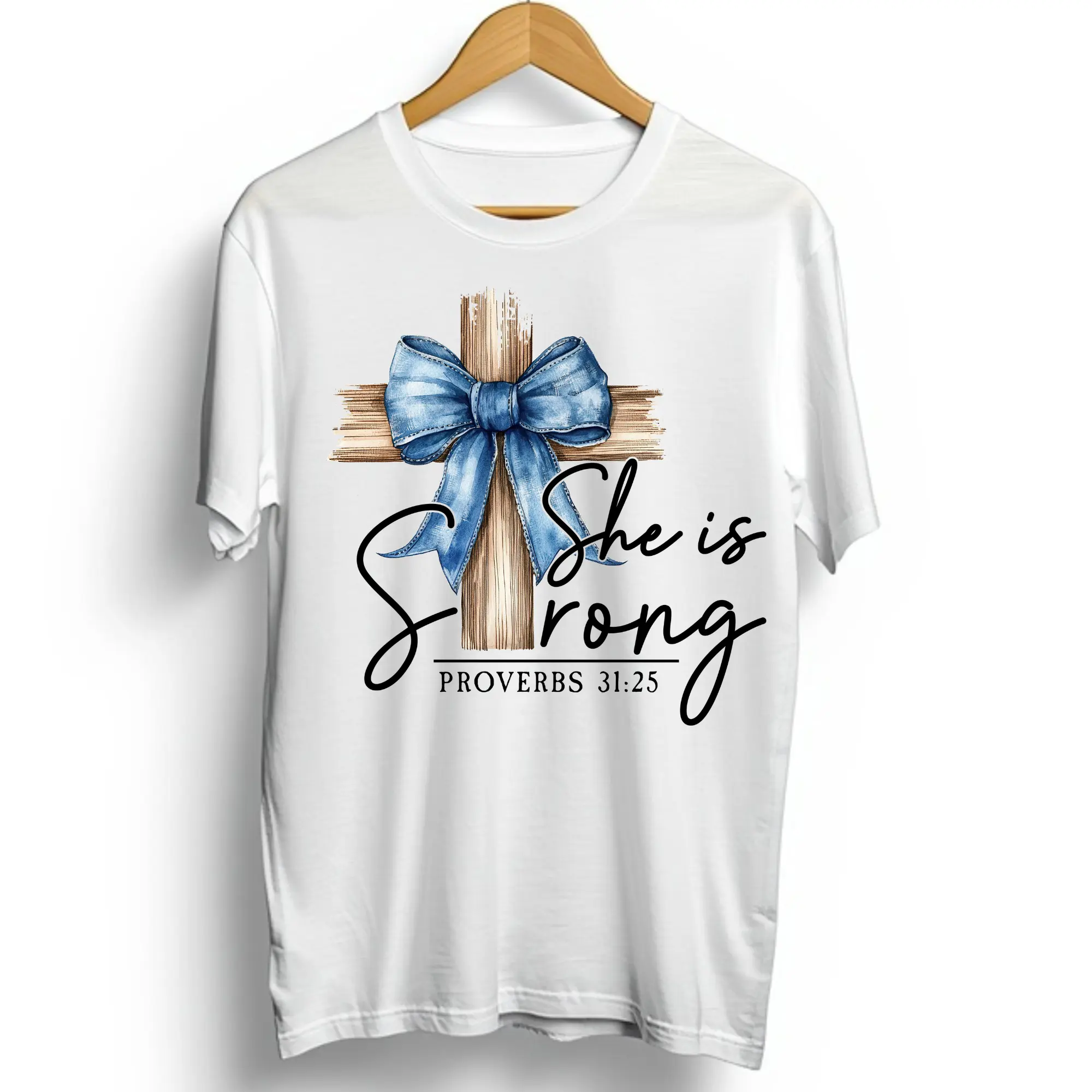 Graceful Easy-Durable Style "She Is Strong" Cross & Blue Bow Direct-To-Film (DTF) Ready-To-Press Print for T-Shirts (DIY Printmaking Embossing Accessory)