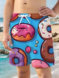 Boys' Colorful Donut Full-Print Elastic Waist Beach Shorts, Comfortable Swimming Trunks for Vacation Casual Wear