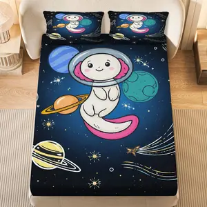3Pcs  Space Astronaut Fitted sheet Three Piece Set (1*Fitted Sheet+2*Pillowcases, Coreless), Birthday theme,  Bedding Set, Mattress protector Soft, Breathable