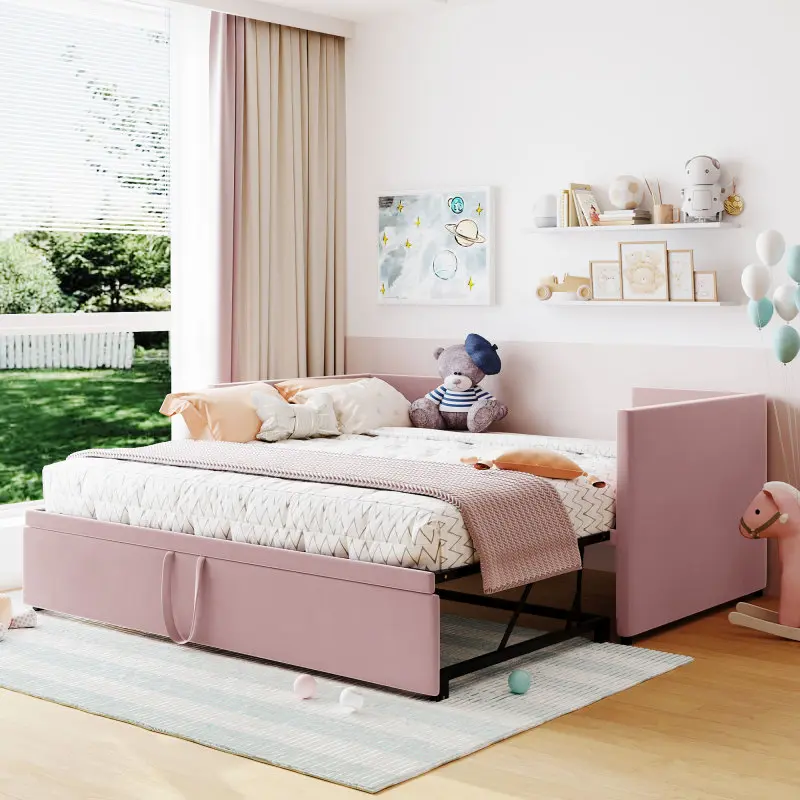 Twin Size Upholstered daybed with Pop Up Trundle, Extendable Daybed Frame Twin to King Design, Sofa Bed with Wood Slat Support for Bedroom, Living Room, Velvet