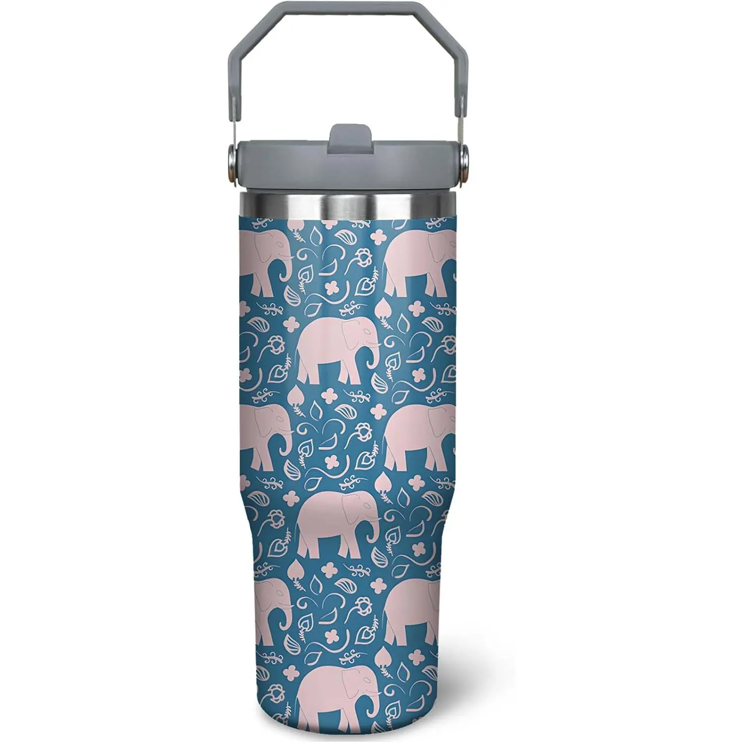 30 oz Stainless Insulated Elephant Print Steel Flask (500-1000ml Equivalent), Portable Leak-Proof Water Bottle Tumbler with Handle and Flip Straw, Kitchenware Drinkware for Coffee, Elephant Gifts for Lovers