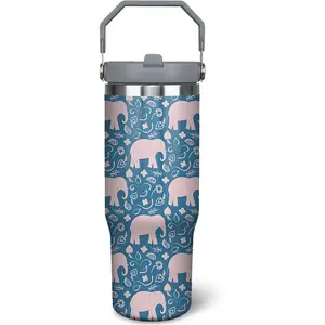 30 oz Elephant Tumbler With Handle and Straw, 30oz Elephant Flip Straw Tumbler Insulated Coffee Travel Mugs Cup Water Bottle Elephant Gifts for Elephant Lovers Women Girls r