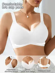 1 Pack/4 colors Lace seamless jelly bra underwear S-XXL size Four-row three-hook One-piece adjustable shoulder straps With chest pads for gathering Sports vest Skin-friendly and comfortable Daily casual/commuting/sports V-neck seamless bra Soft Comfy Bra