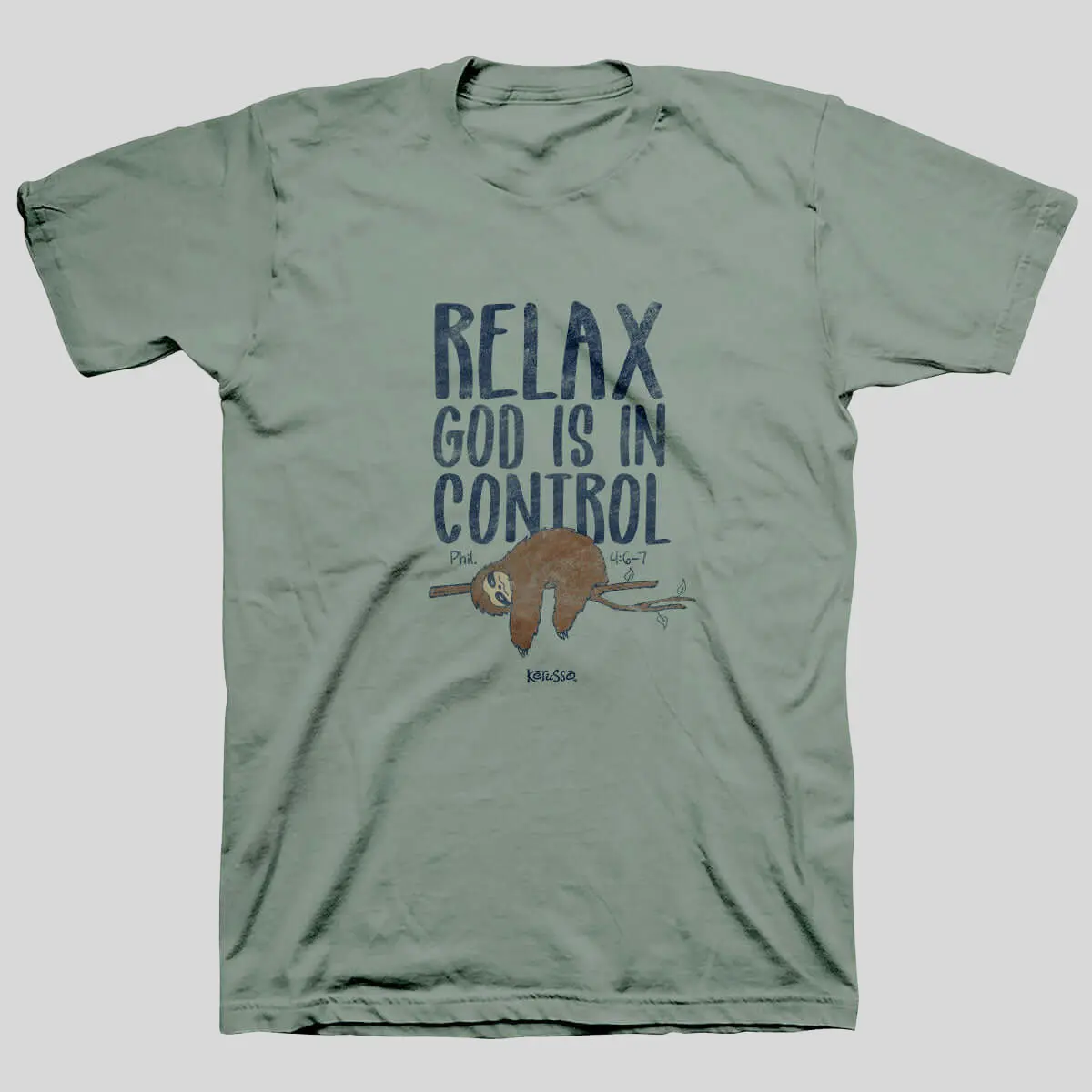 Christian God Is In Control T-Shirt, Men's Classic Fit Short Sleeve Top with Philippians 4:6-7 Sloth Graphic, 100% Cotton