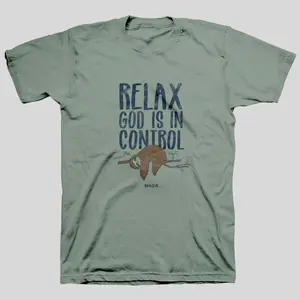Christian God Is In Control T-Shirt, Men's Classic Fit Short Sleeve Top with Philippians 4:6-7 Sloth Graphic, 100% Cotton