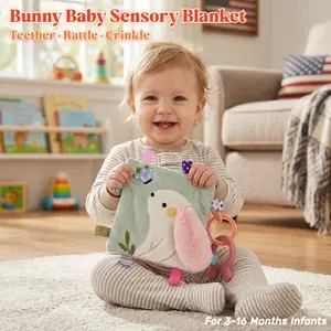 Bunny Baby Security Blanket with Silicone Teether, Rattler, and Crinkle Sensory Toy for 3–16 months
