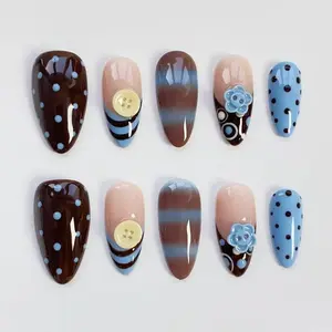 Blue Polka Dot Nails/Blue Striped Nails/Press On Nails Long Almond Nails/Elegant Nails/Button Nails/Custom Nails/Birthday Nail/Cute Nails