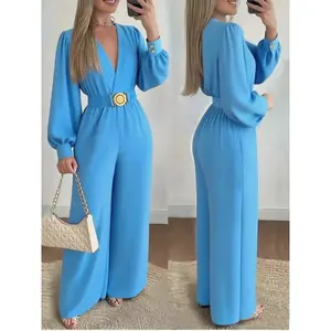 Women's Long Sleeve Jumpsuit Summer High Waist Pleated Design Ring Belt Casual Fitted Plain Fabric Spring & Fall Fashion
