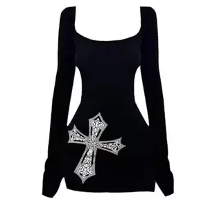 2000s Gothic Black Print Cross Long Women's T-shirt Long Sleeve Slim Graphic Tees Female Clothing Clothes Autumn Top Womenswear Summer
