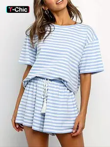 Women's Striped Print Top & Shorts Relaxed Fit Loungewear Two-piece Set, Casual Round Neck Short Sleeve Top & Drawstring Waist Shorts Pj Set, Ladies Summer Sleepwear, Striped Print Bottoms, Pastel Cute Pajamas, Pastel Pj Set, Pajama Shorts Pyjama