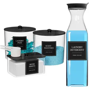 3+1 Pack Laundry Pods Containers & Dryer Sheet Holder & Laundry Detergent Dispenser, Laundry Room Organization and Storage Jars with Lids, Labels and Scoops for Scen