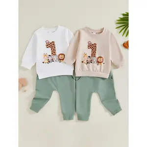 Baby Boy First Birthday Outfit, Animal Print Long Sleeve Sweatshirt Elastic Waist Pants 2 Piece Set for Fall