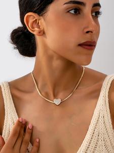 women's elegant rhinestone decorated heart design pendant necklace, trendy charm necklaces, chic chain jewelry for party & daily clothing decor, necklace gift