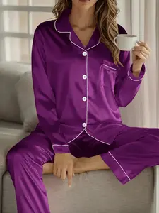 Lightweight Satin Women's Pajama Set with Collared Short-Sleeve Top & Elastic-Waist Long Pants in Purple, Pink, Champagne, Orange & 15 Other Colors