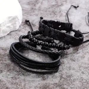 4 portions of European and American ethnic-inspired multi-layer leather wax thread woven bracelets. Hand-fashioned with wooden beads, the dimension of these hand ropes can be modified.