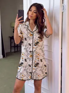 Women's Floral Bee Print Nightdress, Cute Casual Sleepwear, Short Sleeve Button Front Dress, All-Season Home Wear, Fashionable Party