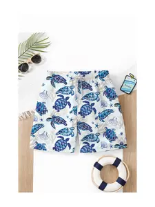 Summer Boys' Turtle Print Drawstring Beach Pants, Kids Casual Short Swim Trunks, Slim-Fitting, Cartoon Pattern, Ideal for Vacation