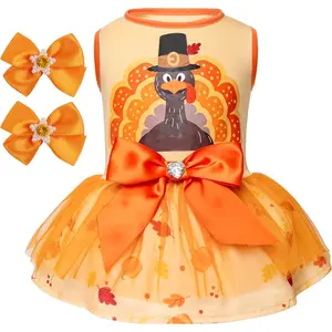 Thanksgiving Day Dog Dress Turkey Small Puppy Clothes Tulle Dog Dresses Pet Costumes Holiday Doggie Outfit Girl, Size M