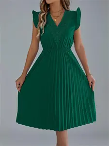 Women's Solid Color Ruffle Trim Dress, Elegant Chic V Neck Sleeveless A Line Fit Dress for Party Holiday Wedding Guest, Ladies Summer Clothes