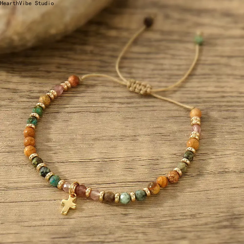 Boho Stone Beaded Bracelet - Natural Semi-Precious Stone, Gold-Bead Woven Design with Cross Pendant, Versatile Gold-Plated Sports & Outdoor Camping Hiking Hammock Accessory, Boho Stone Bracelet, Beaded Bracelets