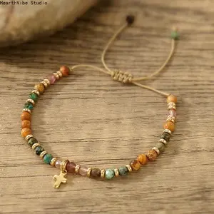 Natural Semi-Precious Stone & Gold-Bead Bracelet — Woven Design with Cross Pendant — Versatile Gold-Plated Style