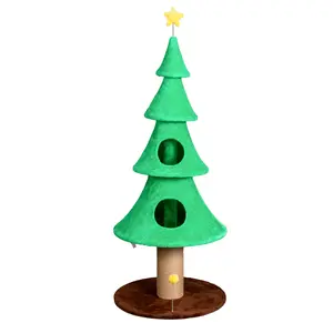 59in Large Tall Christmas Tree Cat Tower with 2 Cat Condos & Scratching Post, Soft Fleece Cat Tree with Teaser Toy & Sturdy Base & Built-in Openings for Indoor Cats, Green