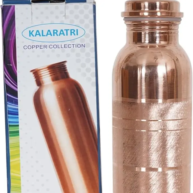Pure Copper Water Bottle 34 Oz - Classic Plain Design for Daily Use & Easy Cleaning with Pitambari Powder