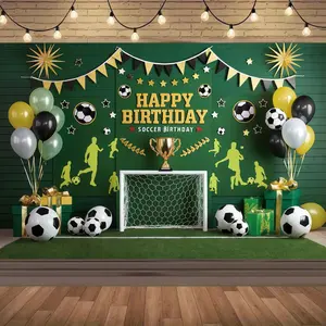 Large polyester 2d flat, 1 piece, banner, football theme, containing balloons, stars, trophies and goalposts, perfect for birthday party wall decoration, Birthday Party Decorations