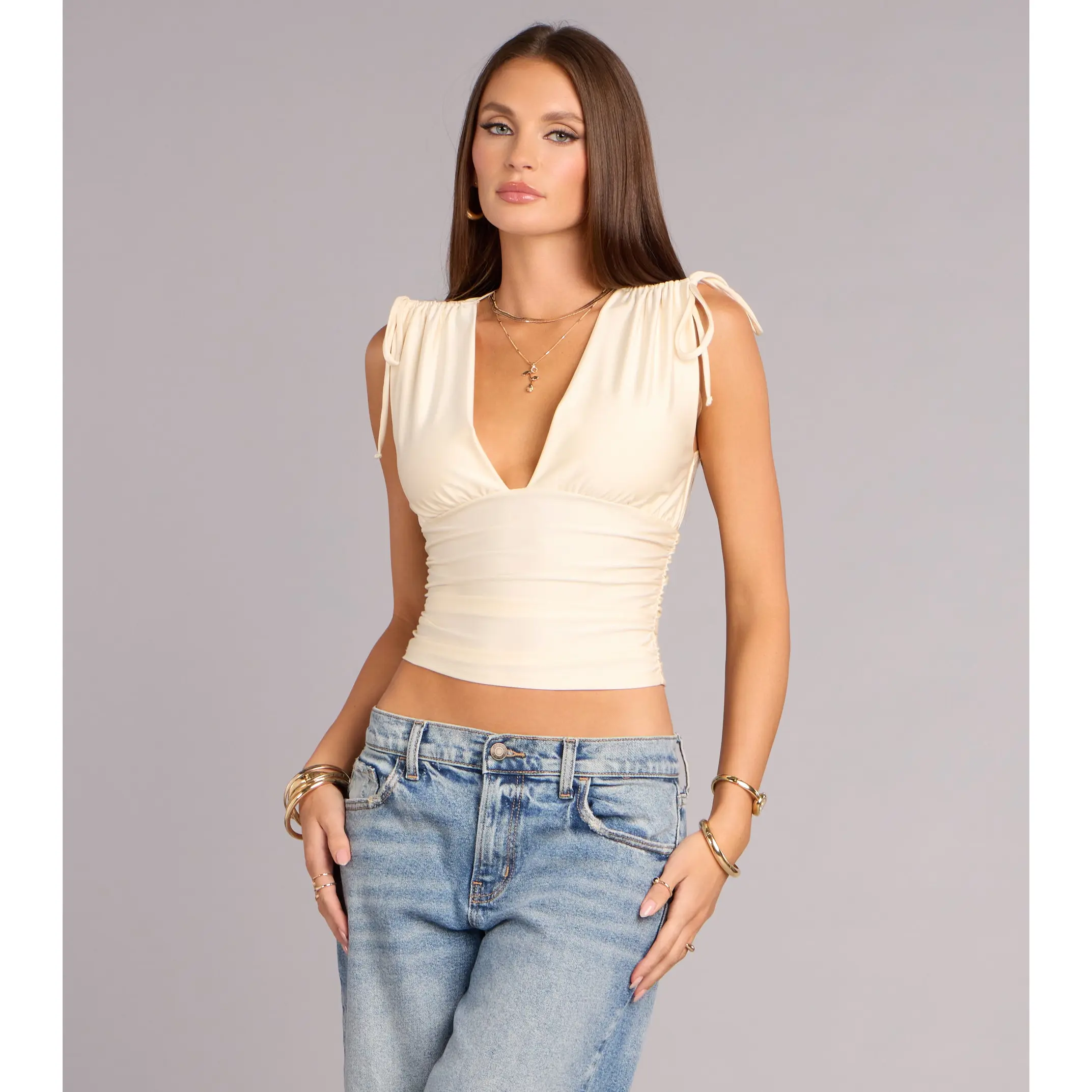 Sleek Look V-Neck Ruched Knit Top Sleek Look V-Neck Ruched Knit Top