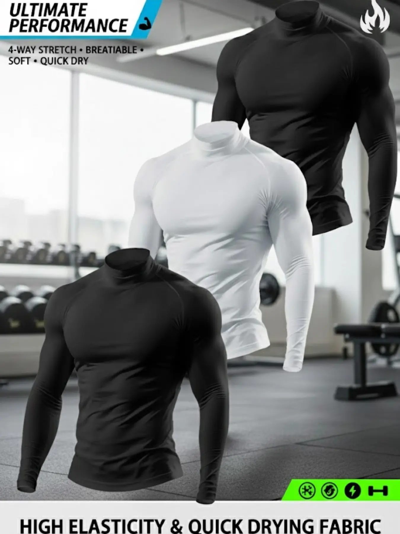3-Pack Men's Lightweight Mock Neck Long Sleeve T-Shirts, Workout T Shirt, Fitness Sport Top, Spring & Fall Stretch Breathable Base Layer Tops for Work, Commute, Gym, Outdoor Activities & Everyday Wear, Gym Athletic Clothes, High Performance Activewear