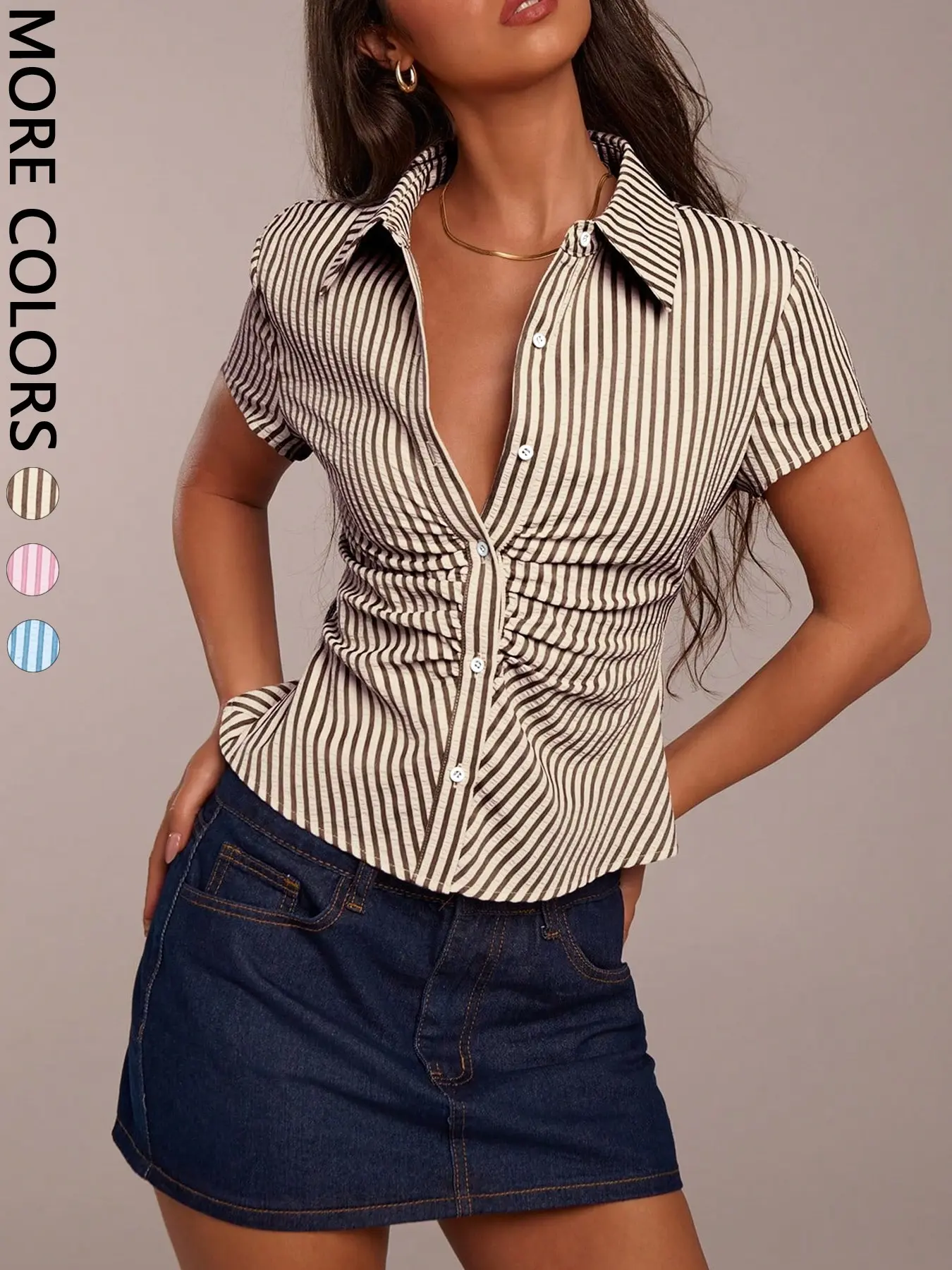 Women's Short Sleeve Shirt, Casual Collared Striped Irregular Pleated Fashion, Slim Fit, Casual Wear, Stylish and Versatile Top, Casual Style Shirt
