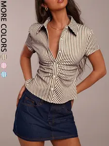 Women's Short Sleeve Shirt, Casual Collared Striped Irregular Pleated Fashion, Slim Fit, Casual Wear, Stylish and Versatile Top