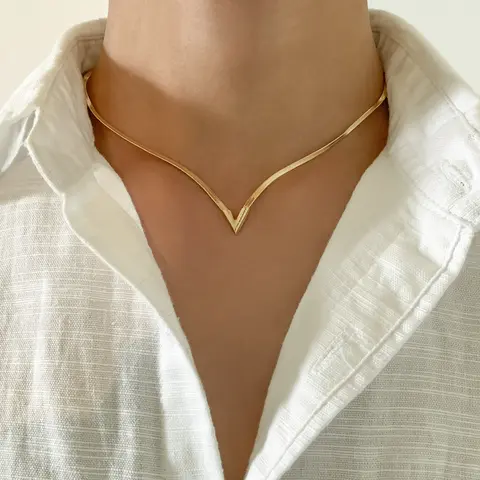 Men's Golden-Silver V-Shaped Snake Bone Chain Necklace, Elegant Costume Jewelry, Gold Statement Chain for Casual Daily Wear, Birthday Gift, Elegant Necklace, Costume Jewelry Necklace