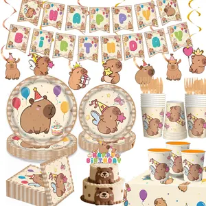Capybara Birthday Party Decorations, 182PCS Capybara Party Tableware Set, Capybara Party Supplies including - Plates, Cups, Napkins, Tablecloth, Cutlery & HAPPY BIRTHDAY Banner, Serves 24