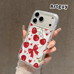 Magnetic Phone Case Supports Wireless Charging for iPhone 17 16  Pro Max Plus 15 14 13 12 11 Air E Cherry Reverie Pattern Non-Yellowing Shockproof Soft Silicone Transparent Acrylic Large Hole Cover