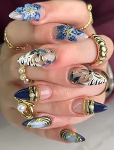 Emily Nails | Royal Blue 3D Flower Press On Nails – Luxury Gold French Stiletto Nails