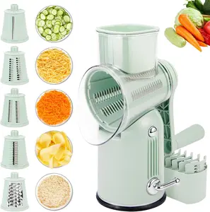 Rotary Cheese Grater with Handle, 5-in-1 Cheese Grater Hand Crank,  Suction Base for Fruit Vegetables Nuts with  Storage Box (Green)