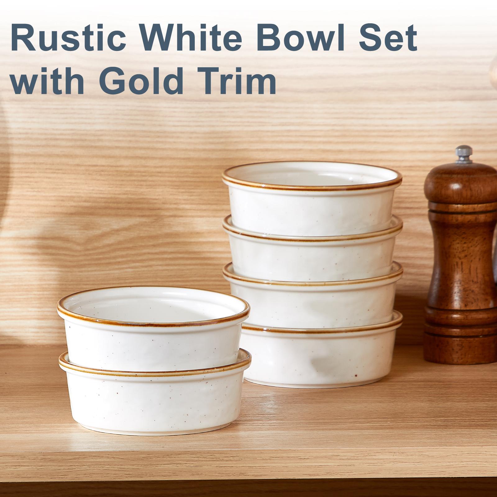 4.5" 6.8 Oz White Ceramic Ramekins With Gold Trim, Set Of 6 Oven Safe Shallow Souffle BowlsFor Desserts, Dips & Creme Brulee, Oven Safe Souffle Dishes For Creme Brulee Souffle PuddingLava Cake Stoneware Custard Cups For Baking Ceramic Sauce Bowls 4.5" 6.8 Oz White Ceramic Ramekins With Gold Trim, Set Of 6 Oven Safe Shallow Souffle BowlsFor Desserts, Dips & Creme Brulee, Oven Safe Souffle Dishes For Creme Brulee Souffle PuddingLava Cake Stoneware Custard Cups For Baking Ceramic Sauce Bowls