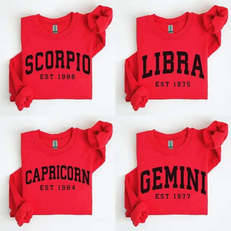 (LEAVE A NOTE OR DM SHOP) Custom Zodiac Sweatshirt - Red, Personalized Year Astrology Pullover, Unisex Crewneck, Cute Horoscope Birthday Gift, Celestial Sign Outfit 2025 - AL