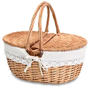 Large 15.4" Wicker Picnic Basket with Removable Liner Empty Picnic Baskets with Lid, Picnic Hamper with Foldable Handles for Picnic, Natural Color, Large