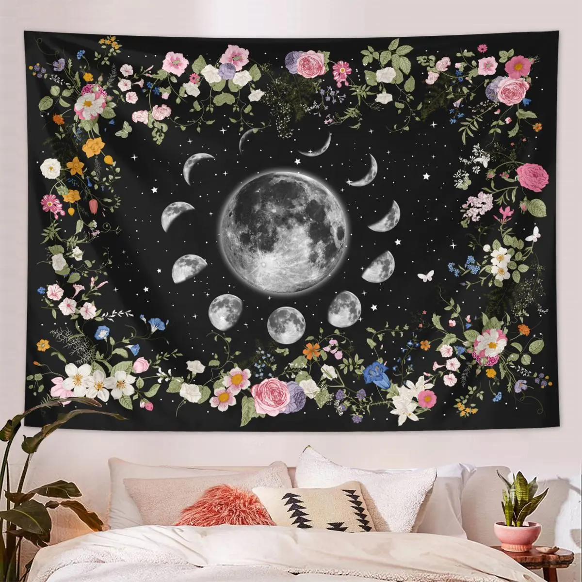 Moon & Flower & Plant Pattern Tapestry, Mysterious Starry Sky Tapestry, Wall Hanging Decor for Home Living Room Bedroom Dormitory