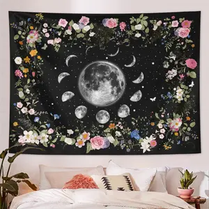 Art Tapestry Moon & Flower & Plant Pattern Tapestry, Mysterious Starry Sky Tapestry, Wall Hanging Decor for Home Living Room Bedroom Dormitory