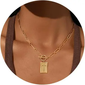 Gold and Silver Cross Pendant Necklace for Women, Toggle Clasp Rectangle Cross Charm Necklace, Dainty Paperclip Chain Religious Jewelry Gift for Christian Faith, Baptism, First Communion