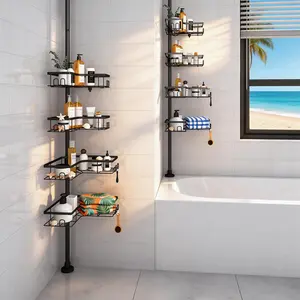 Sturdy Black Stainless Steel Corner Shower Caddy – Adjustable Tension Pole 17 to 116.5 Inches, No Drilling Required, 4 Tier Shelves with Raised Edges & Side Hooks for Bathroom Storage